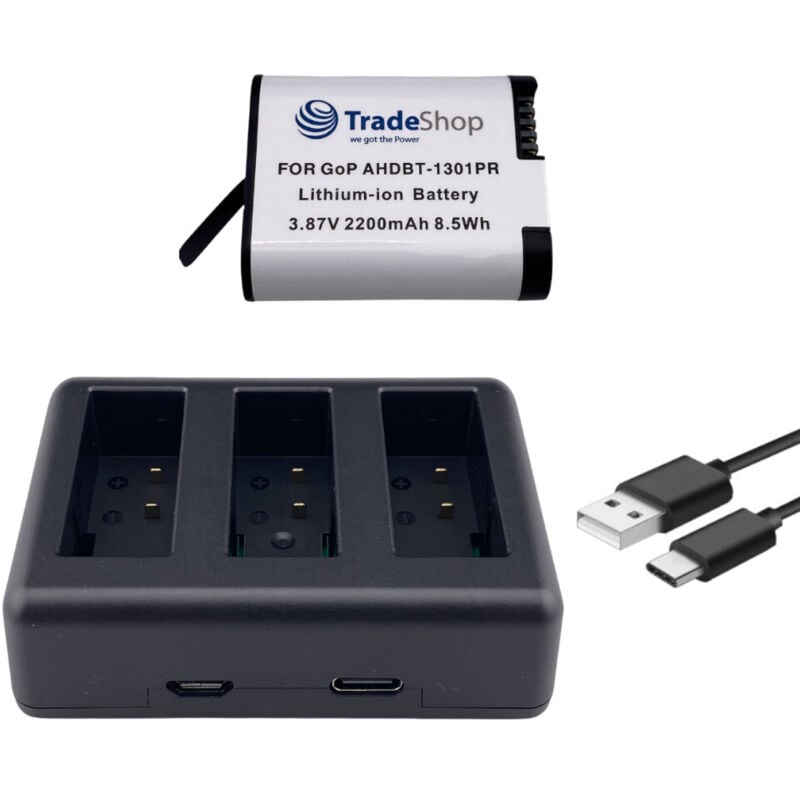 Trade-Shop 2in1 Set: Akku (abgerundete Form) 2200mAh + USB-C LCD Triple Ladegerät kompatibel mit GoPro HERO13 Black, AHDBT-1301, AHDBT-1301PR, CPSS1B