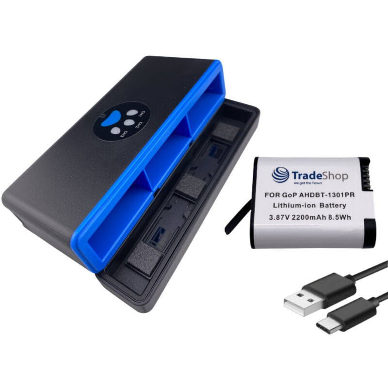 Trade-Shop 2in1 Set: Akku (abgerundete Form) 2200mAh + USB-C LCD Triple Ladegerät / Ladebox für GoPro HERO13 Black, AHDBT-1301, AHDBT-1301PR, CPSS1B