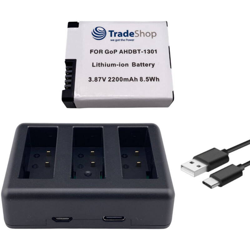 Trade-Shop 2in1 Set: Akku (eckige Form) 2200mAh + USB-C LCD Triple Ladegerät für GoPro HERO13 Black, AHDBT-1301, AHDBT-1301PR, CPSS1B