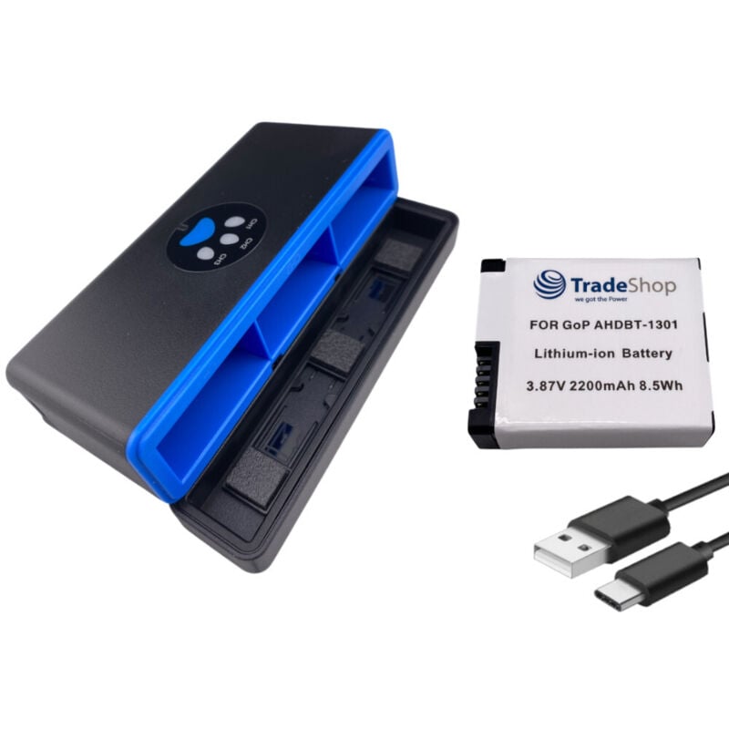Trade-Shop 2in1 Set: Akku (eckige Form) 2200mAh + USB-C LCD Triple Ladegerät / Ladebox für GoPro HERO13 Black, AHDBT-1301, AHDBT-1301PR, CPSS1B