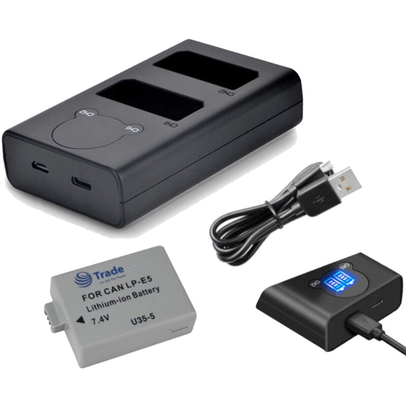 Trade-shop - 2in1 Set: Li-Ion Akku 1200mAh + usb-c Doppel Akku Dual lcd Ladegerät für 2 Akkus kompatibel mit Canon LP-E5, EOS-450D, EOS-500D,