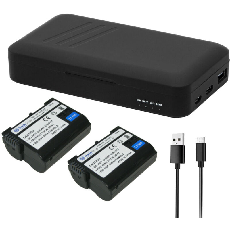 3in1 Set: 2x Akku 1900mAh + Dual-Ladegerät usb-c usb-a mit Powerbank-Funktion kompatibel mit Nikon 1 V1, D7000, D7100, D7200, D7500, D8000