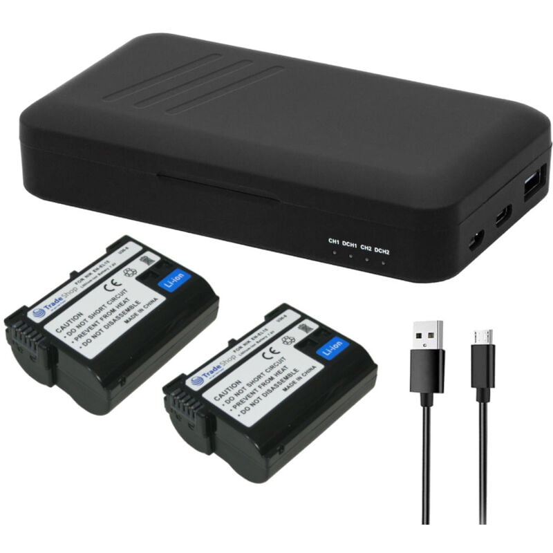 3in1 Set: 2x Akku 1900mAh + Dual-Ladegerät usb-c usb-a mit Powerbank-Funktion kompatibel mit Nikon D500 D600 D610 D750 D780 D800 D800E D810