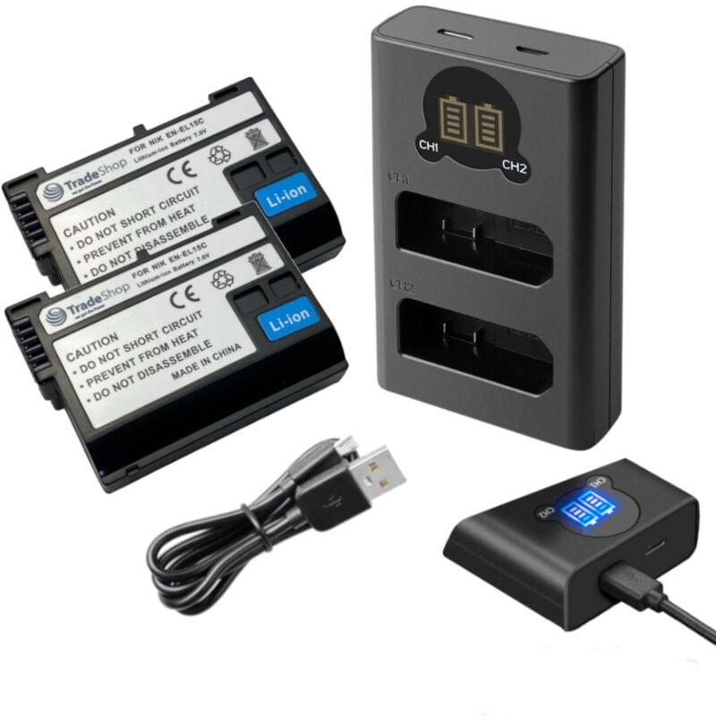 3in1 Set: 2x Akku 2,4Ah + usb-c Doppel lcd Ladegerät für 2 Akkus für Nikon Kamera Digicam wie 1 V1, D500, Z5 ersetzt Nikon MH-25 MH-25a - Trade-shop