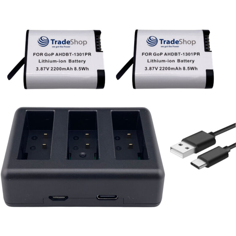 Trade-Shop 3in1 Set: 2x Akku (abgerundete Form) 2200mAh + USB-C LCD Triple Ladegerät für GoPro HERO13 Black, AHDBT-1301, AHDBT-1301PR, CPSS1B