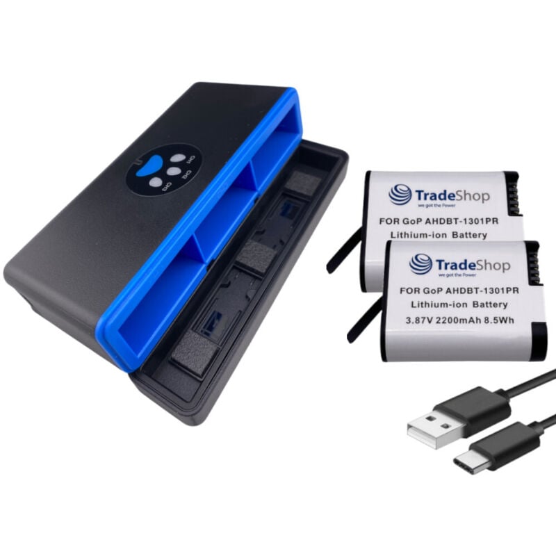 Trade-Shop 3in1 Set: 2x Akku (abgerundete Form) 2200mAh + USB-C LCD Triple Ladegerät / Ladebox für GoPro HERO13 Black, AHDBT-1301, AHDBT-1301PR,
