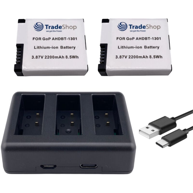 Trade-Shop 3in1 Set: 2x Akku (eckige Form) 2200mAh + USB-C LCD Triple Ladegerät für GoPro HERO13 Black, AHDBT-1301, AHDBT-1301PR, CPSS1B