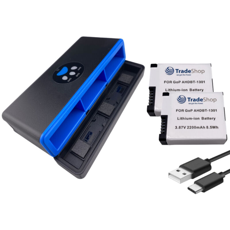 Trade-Shop 3in1 Set: 2x Akku (eckige Form) 2200mAh + USB-C LCD Triple Ladegerät / Ladebox für GoPro HERO13 Black, AHDBT-1301, AHDBT-1301PR, CPSS1B