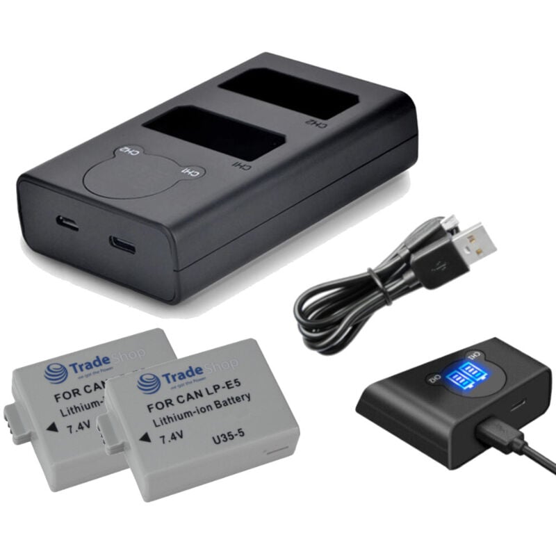 Trade-shop - 3in1 Set: 2x Li-Ion Akku 1,2Ah + usb-c Doppel Akku Dual lcd Ladegerät für 2 Akkus kompatibel mit Canon LP-E5, EOS-450D, EOS-500D,