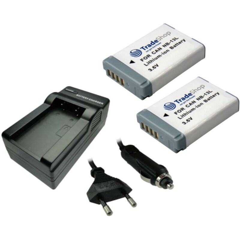 3in1 Set: 2x Li-Ion Akku 1250mAh + led Ladegerät inkl. Kfz-Ladekabel kompatibel mit Canon NB-13L / Digitalkamera Digicam Videokamera - Trade-shop