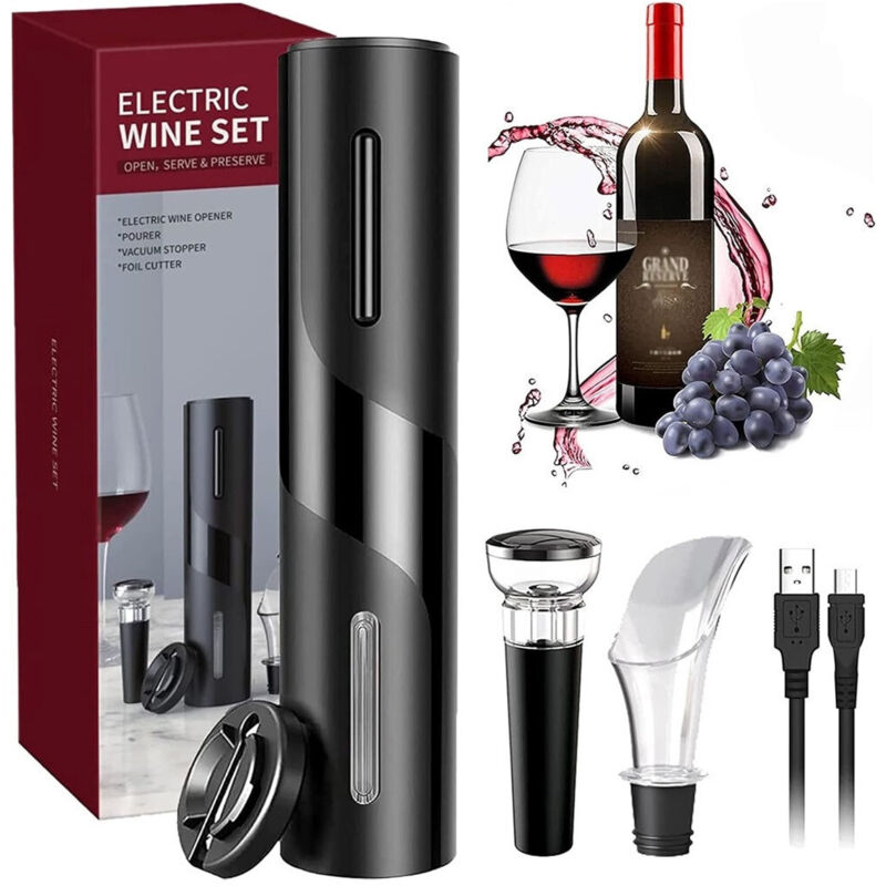 Trade Shop - Elektrischer Korkenzieher Wein 5in Flaschenöffner Set USB-Laden Porporpopapier -
