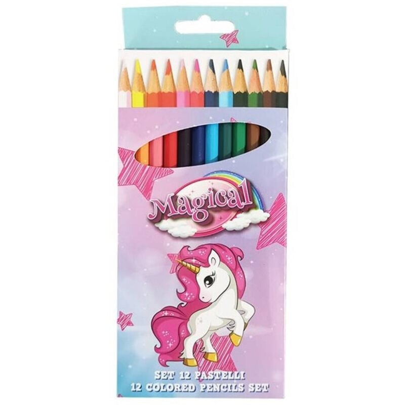 Trade Shop - Set 12 Buntstifte Farbstifte Farbige Farben Einhorn Design Schule Kinder Schreibwaren 735218 -