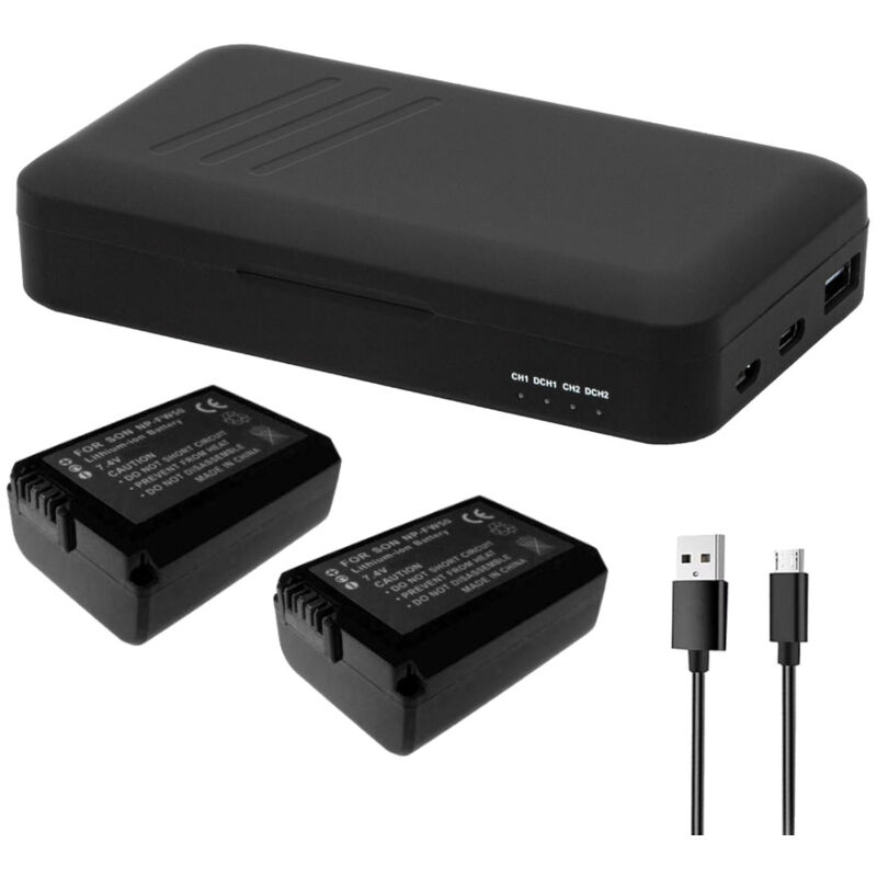 Trade-Shop Set: 2x Akku 1,3Ah + Dual-Ladegerät USB-C USB-A mit Powerbank-Funktion für Sony Alpha 3000, 5000, 5100, 6000, 6100, 6300, 6400, 6500