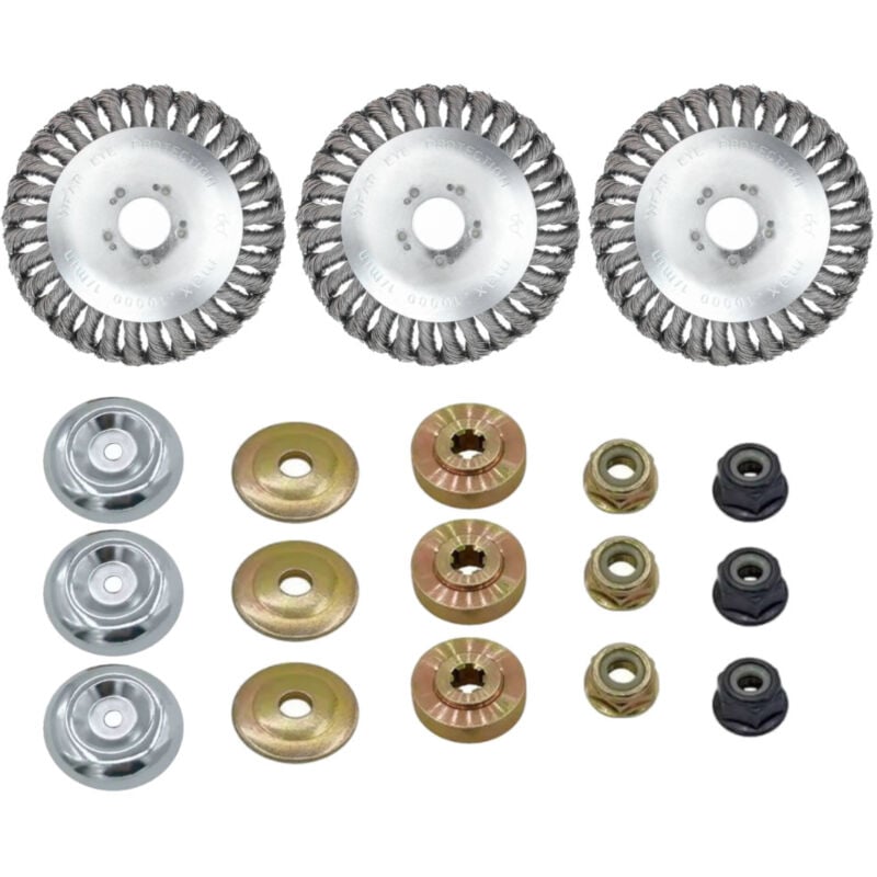 Unkrautbürste Stahldrahtbürste Stahlrad Trimmerkopf inkl. Adapter-Set für Stihl, Worx, Black & Decker, Husqvarna Motorsense - 3 Stück - Trade-shop