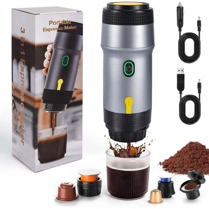 Tragbare 3-in-1-Espressomaschine, selbstheizend, 12 V, kompatibel mit großen und kleinen Kapseln sowie gemahlenem Kaffee, elektrische