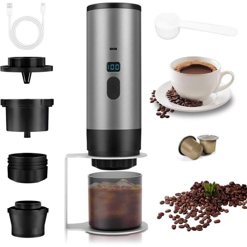 Tragbare 3-in-1-Kaffeemaschine, 72-Watt-Gerät, wiederaufladbar (12 V), USB-Kapsel-Espressomaschine, 90-ml-Wassertank, ideal für Büro, Camping, Auto