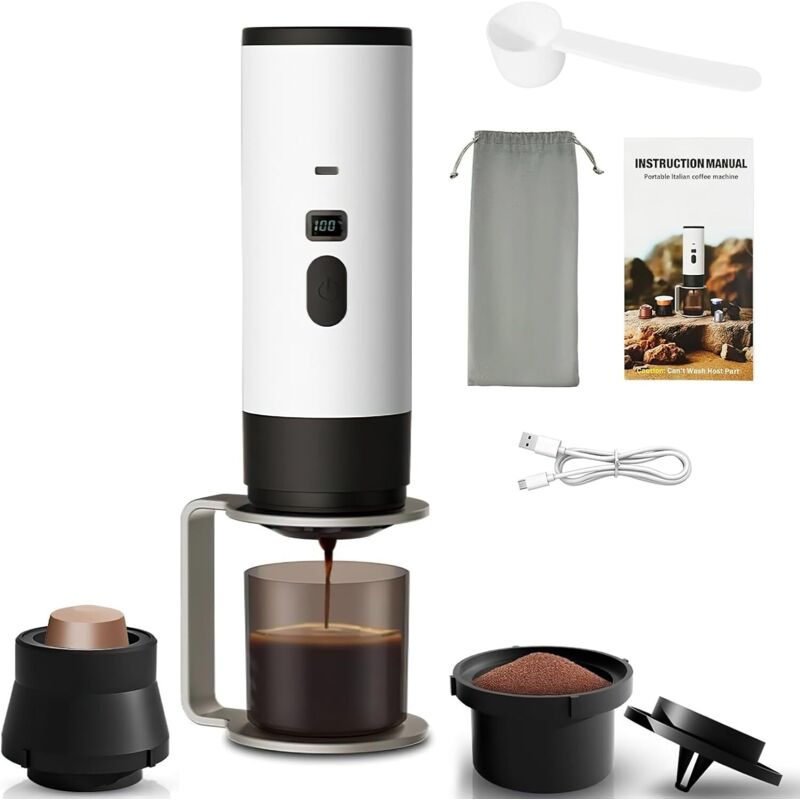 Tragbare Kaffeemaschine, 15-Bar-2-in-1-Espressomaschine, Camping-Kaffeemaschine, kompatibel mit gemahlenem Kaffee und Kaffeekapseln, ideal für
