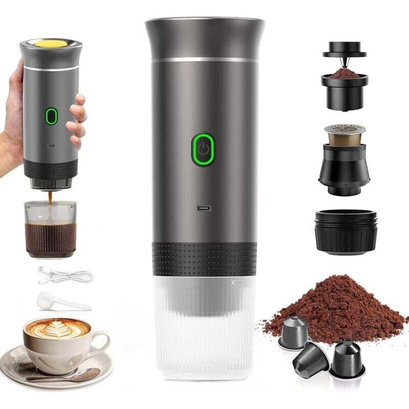 GMDOG Tragbare Reise-Kaffeemaschine, 3-in-1 Schnellheiz-Kaffeemaschine 12V, 4-6 Minuten automatische Aufheizzeit, große Kapseln, gemahlener Kaffee,