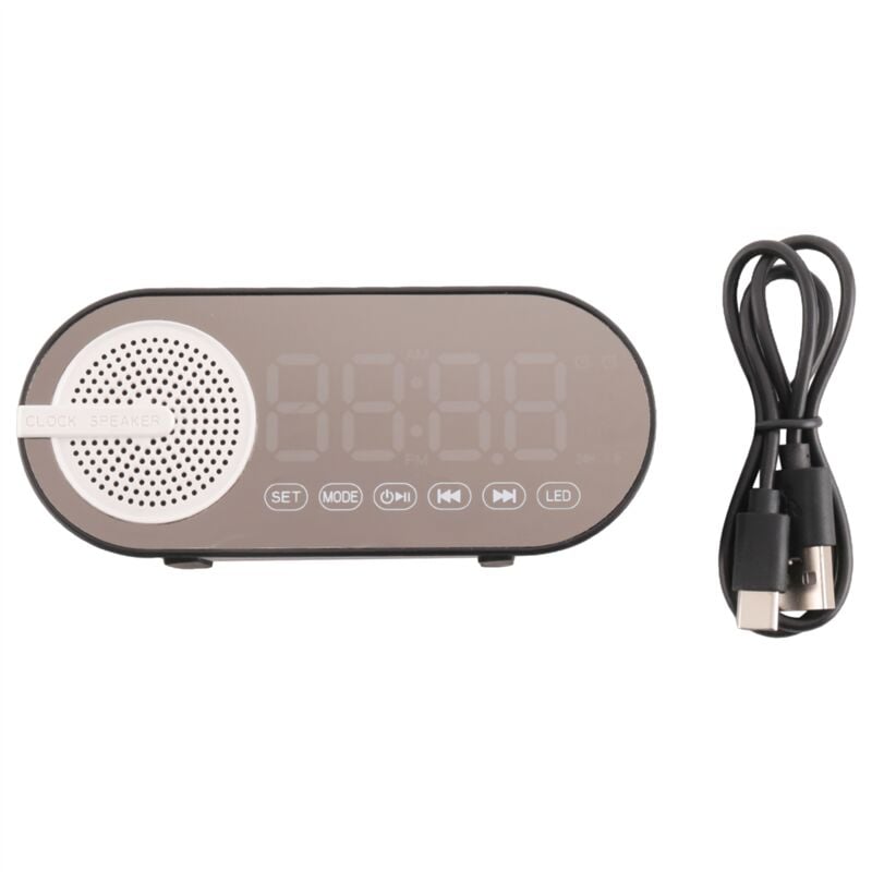 Tragbarer Bluetooth-Lautsprecher mit Digitaluhr Buntem Nachtlicht, Doppelwecker, , Subwoofer, Schwarz