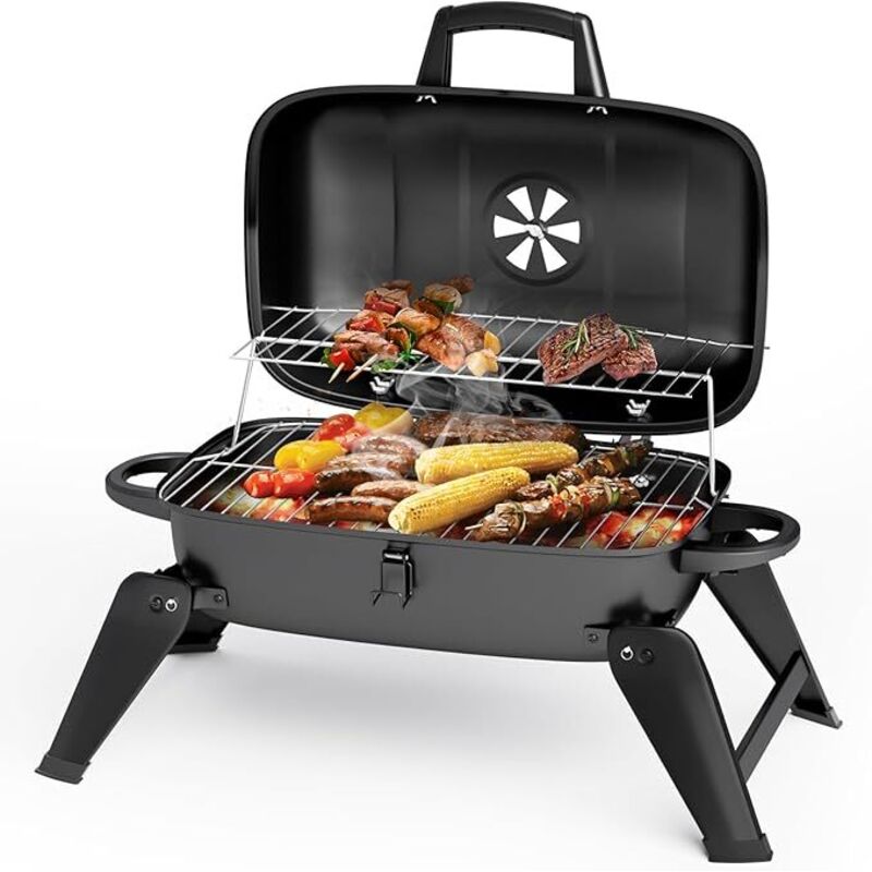 Tragbarer Holzkohlegrill mit Deckel, Kompakter Mini Camping Grill für Outdoor, Smoker BBQ Grill Klappgrill mit 2 Ebenen Kochbereich für Party, Garten
