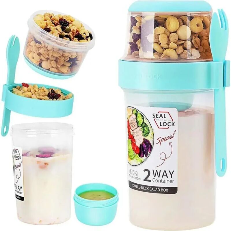 Tragbarer Joghurtbecher, 310 plus 760 Milliliter, mit einem blauen, auslaufsicheren Löffel, für Müsli und Snacks unterwegs.
