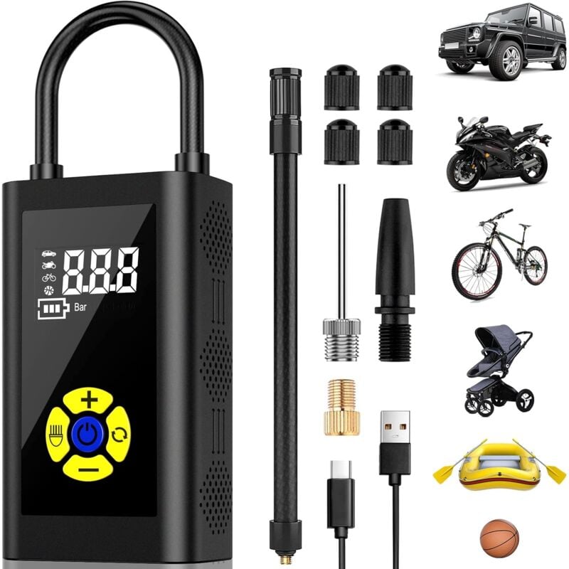 Tragbarer Luftkompressor, Autoreifen-Inflator-Version, Fahrradpumpe, Mini-Autokompressor, digitales LCD-Display, 150 PSI, Typ-C-Aufladung 2000 mAh