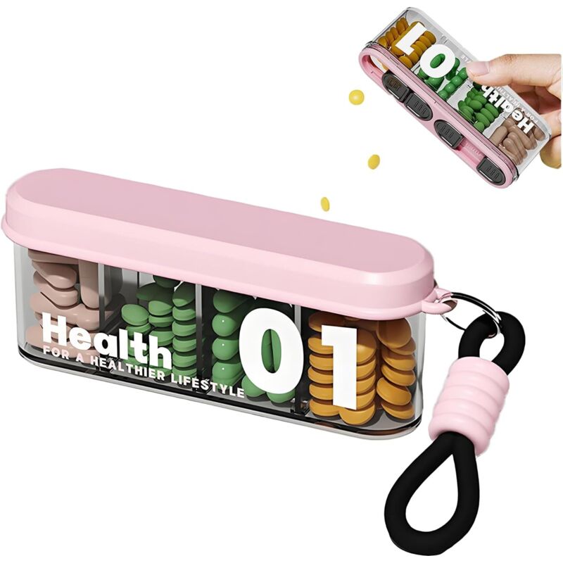 Tragbarer Pillenorganizer mit 4 Fächern, Reise-Pillenorganizer mit luftdichtem Verschluss, getrennten Fächern für Nahrungsergänzungsmittel,