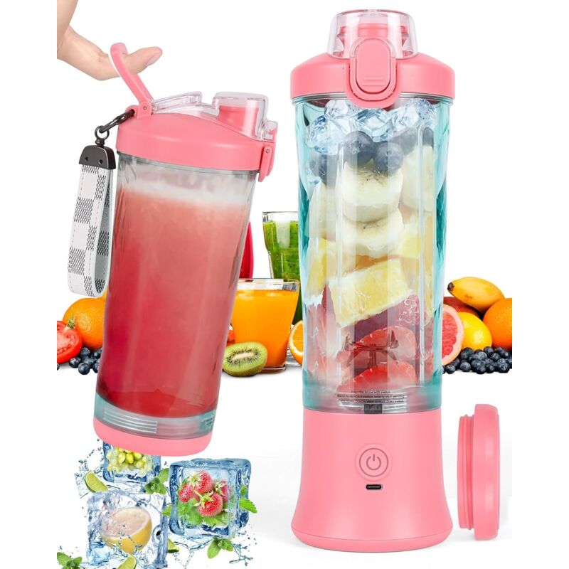 Tragbarer Smoothie-Mixer, 600 ml, mit 6 Klingen, 4000 mAh, Mini-Mixer kann 25 Tassen Saft auspressen, für Büro, Camping und Reisen, Pink