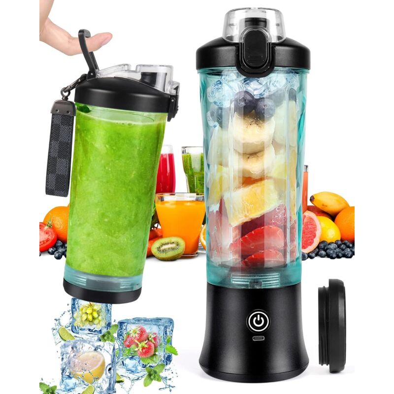 Tragbarer Smoothie-Mixer, 600 ml, mit 6 Klingen, 4000 mAh, Mini-Mixer kann 25 Tassen Saft auspressen, für Büro, Camping und Reisen, Schwarz