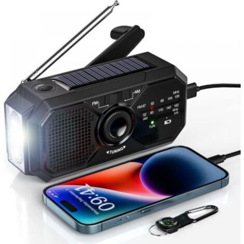 Tragbares Kurbelradio Solar Radio Survival AM/FM Dynamo Radio USB-C 2500mAh Wiederaufladbar mit LED Taschenlampe SOS Alarm Kompass Kleines Radio für
