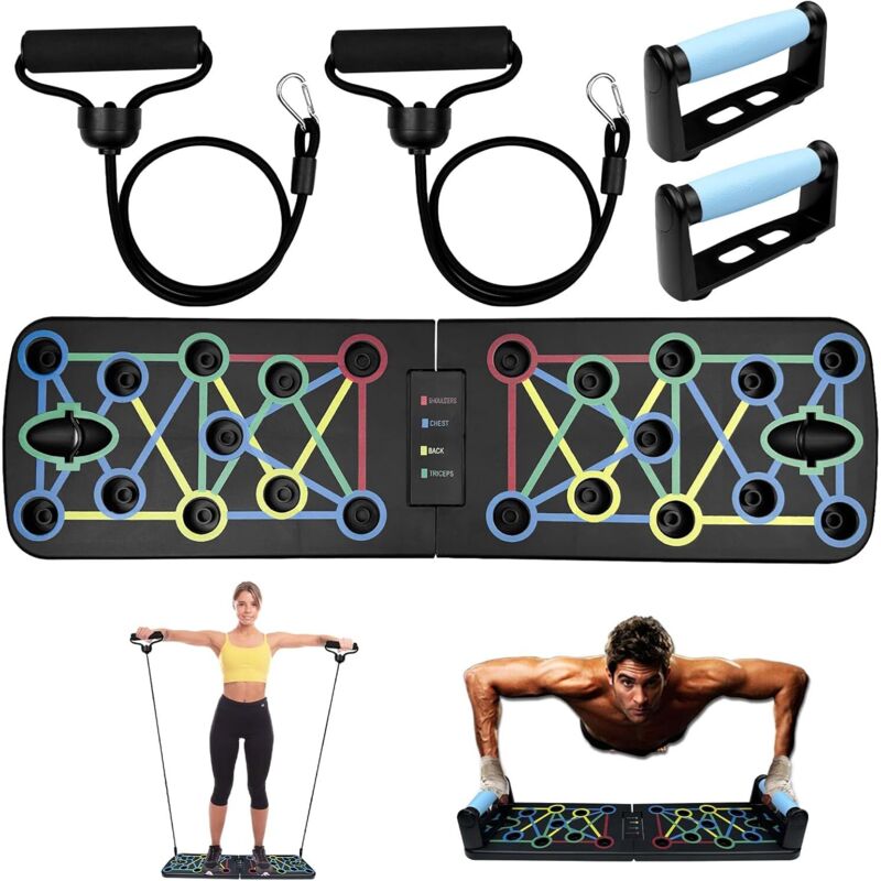 Tragbares Push-Up-Board, Push-Up-Board mit Anti-Rutsch-Griffen, Push-Up-Board, Push-Up-Board, Faltbares Push-Up-Board mit 2 Widerstandsbändern,
