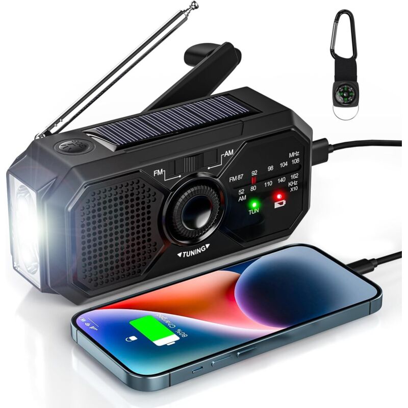 Tragbares Radio, Handkurbel-Solarradio, Survival-AM/FM, kleiner Dynamo, USB-C, 2500 mAh, wiederaufladbar, mit LED-Taschenlampe, SOS-Alarm, Kompass