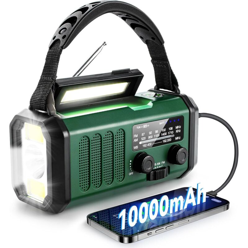 Tragbares Radio mit 10.000-mAh-Akku, Sammlerstück, AM/FM-Radio, USB-C-Ladegerät, Taschenlampe, Leselampe, Kompass, SOS-Notruf