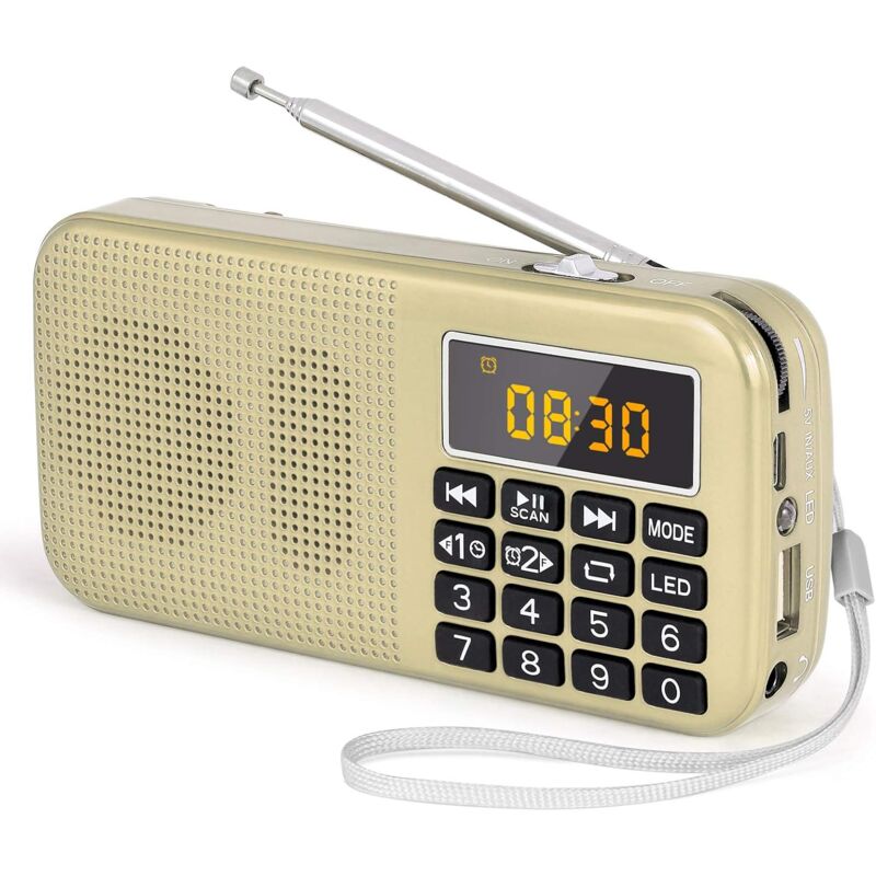 Tragbares Radio, UKW-Radio mit wiederaufladbarem Akku mit großer Kapazität (3000 mAh), unterstützt MP3/SD/USB/AUX, Gold