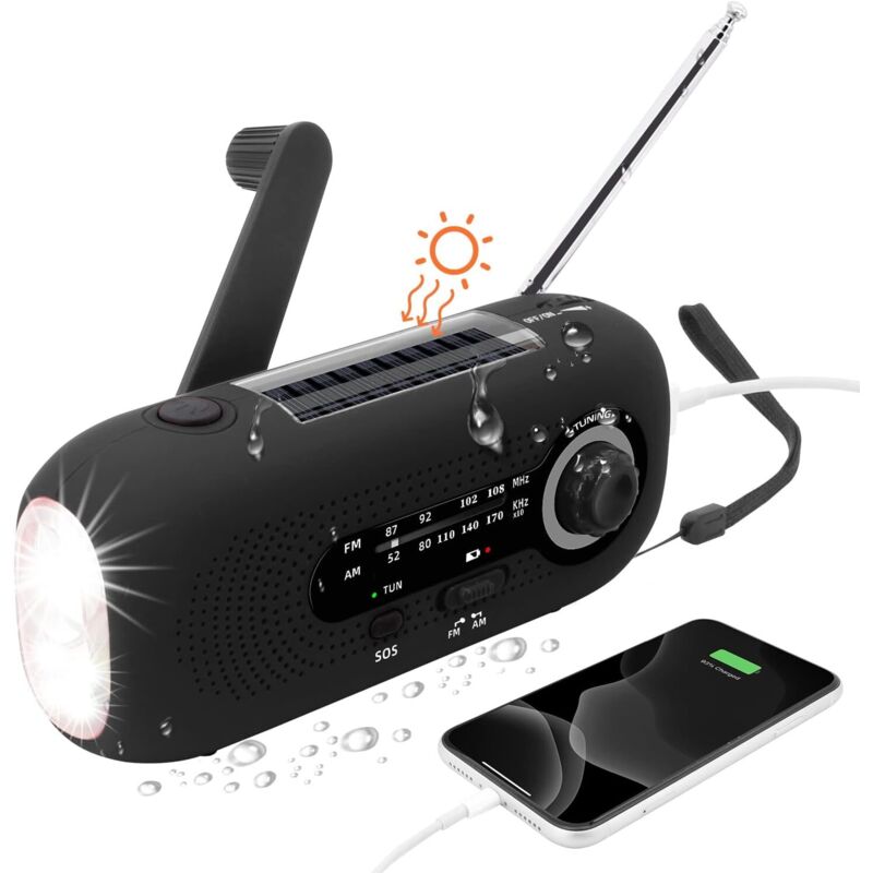 CCYKXA (Schwarz) Tragbares Solarradio, Dynamoradio, Solarradio mit SOS-Alarm für Notfälle, kleines Radio, wasserdichtes IPX3-Radio,