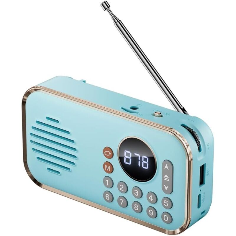 Tragbares wiederaufladbares FM-Radio, kleiner kabelloser Bluetooth-Lautsprecher mit Surround-Sound, USB-Radio im Vintage-Blau