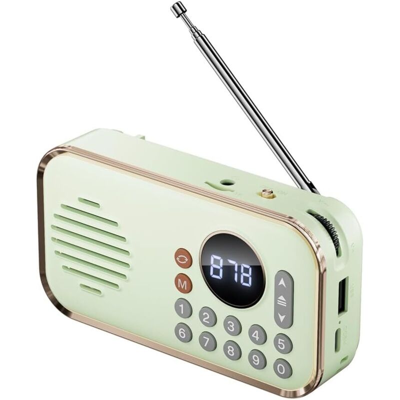 Tragbares, wiederaufladbares FM-Radio, kleiner kabelloser Bluetooth-Lautsprecher, Stereo-Surround-Sound, USB-Vintage-Radio, hellgrün