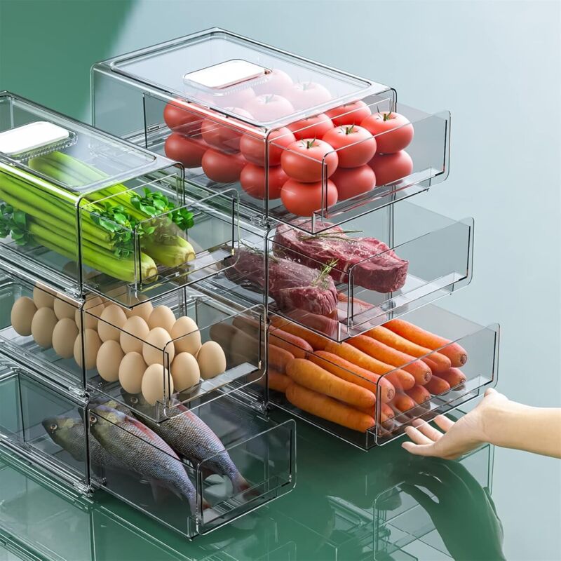 Transparente Kühlschrank-Aufbewahrungsbox, Kühlschrank-Organizer, Schubladen für Obst, Gemüse, Fleisch und frische Produkte, BPA-frei (2er-Pack, groß