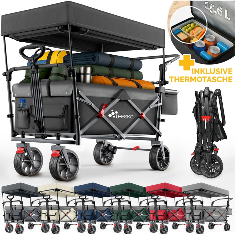 TRESKO® Bollerwagen Faltbar mit Dach Schwarz, Kühlfach & Seitenrollos Handwagen max. belastbar bis 150kg Transportwagen mit Vollgummireifen &