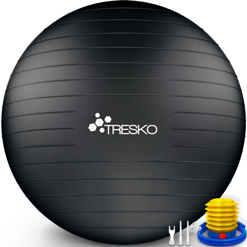 TRESKO Gymnastikball (Schwarz 55cm) mit Pumpe Fitnessball Yogaball Sitzball Sportball Pilates Ball Sportball