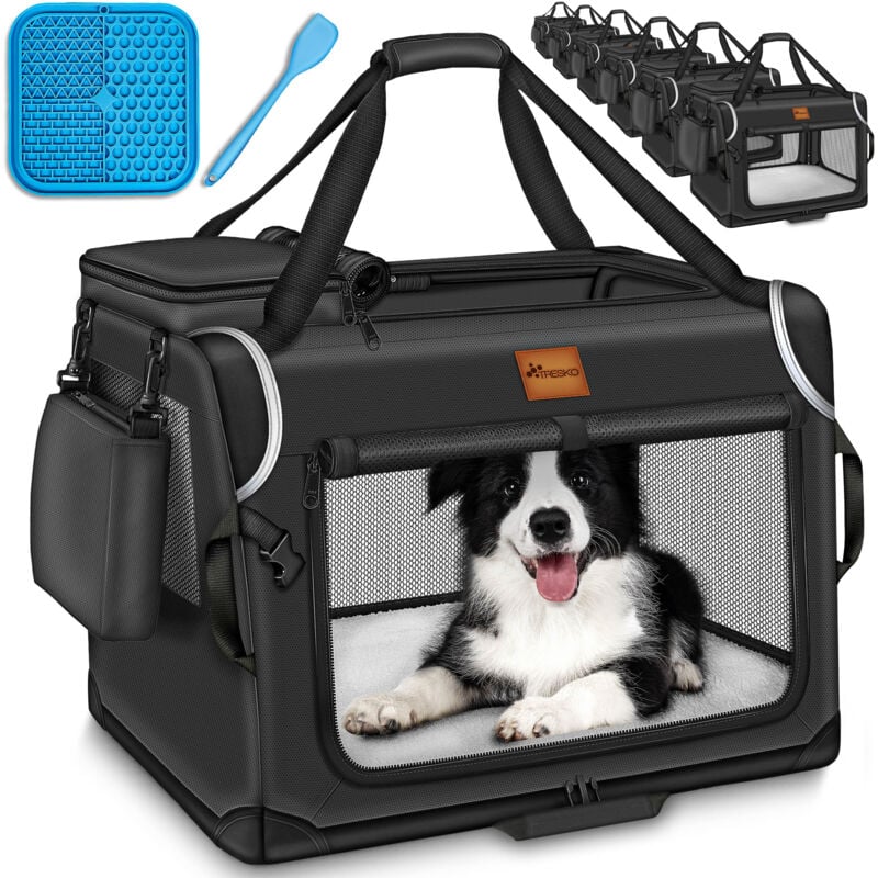 Hundebox faltbar Schwarz (xxl 92x63x63cm) inkl. Leckmatte, Spatel & Reflektoren Transportbox für Hunde und Katzen Hundetransportbox für kleine &
