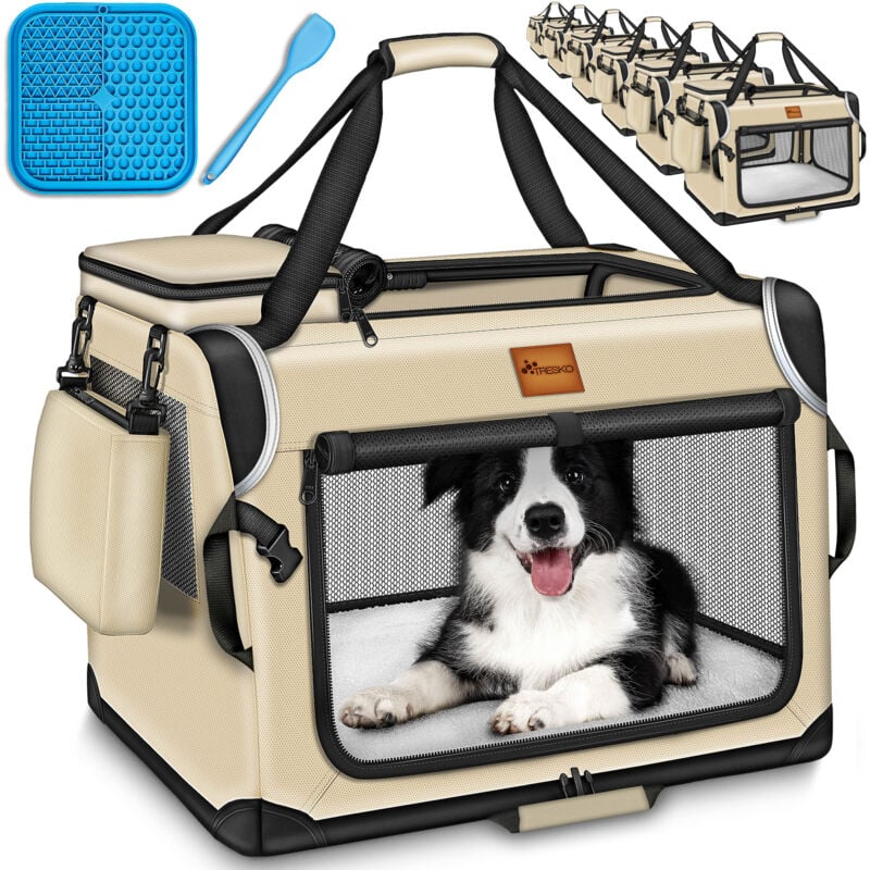 TRESKO® Hundebox faltbar Beige (S 50x34x34cm) inkl. Leckmatte, Spatel & Reflektoren Transportbox für Hunde und Katzen Hundetransportbox für kleine &