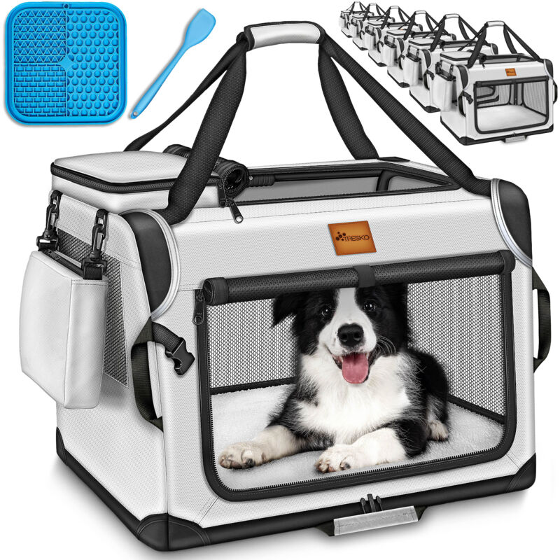 Hundebox faltbar Grau (m 61x42x42cm) inkl. Leckmatte, Spatel & Reflektoren Transportbox für Hunde und Katzen Hundetransportbox für kleine & große