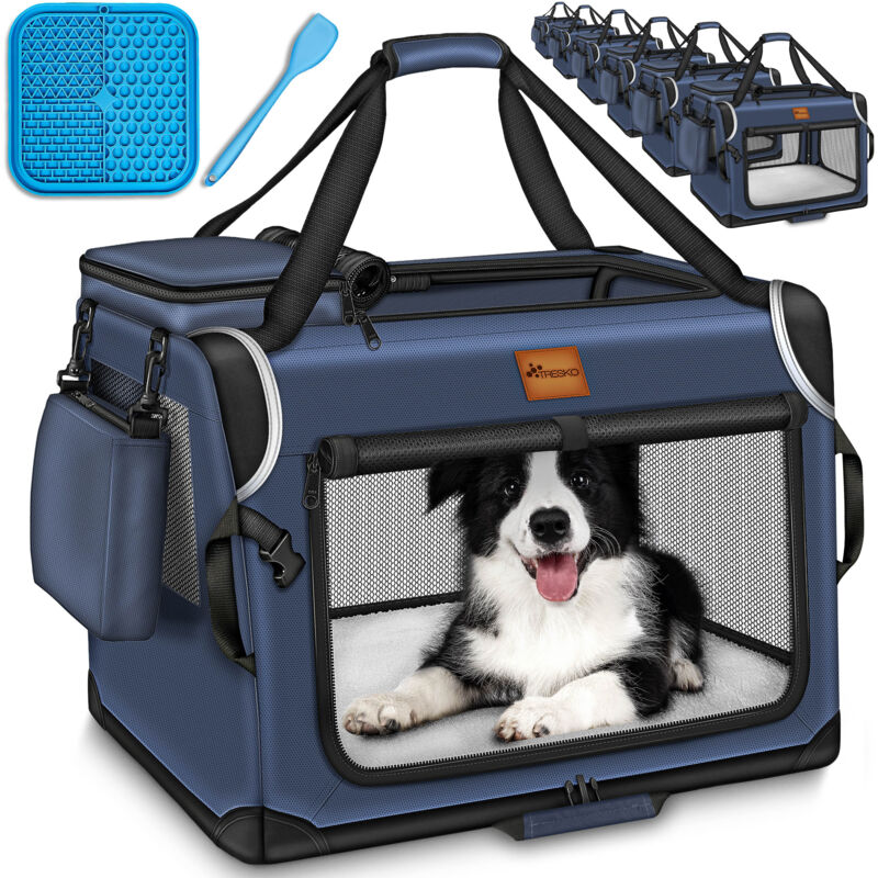 Hundebox faltbar Navyblau (xxl 92x63x63cm) inkl. Leckmatte, Spatel & Reflektoren Transportbox für Hunde und Katzen Hundetransportbox für kleine &