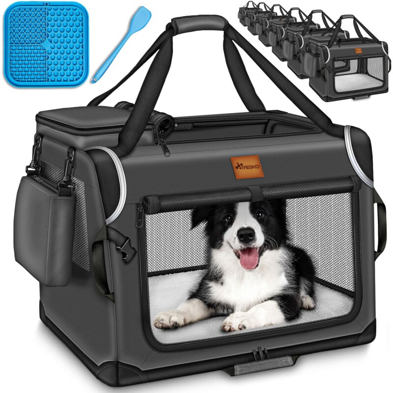 TRESKO® Hundebox faltbar Anthrazit (M 61x42x42cm) inkl. Leckmatte, Spatel & Reflektoren Transportbox für Hunde und Katzen Hundetransportbox für