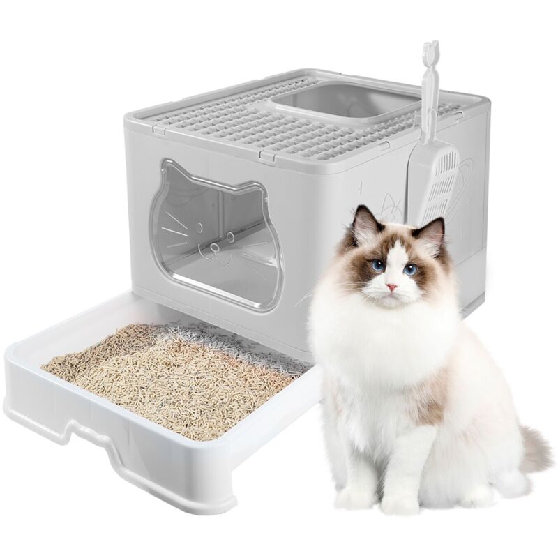 Trintion Katzentoilette mit Haube, große, faltbare Katzentoilette, mit ausziehbarer Schale und Schaufel, geschlossene Katzentoilette mit hohen