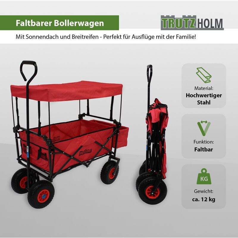 Trutzholm ® - Bollerwagen faltbar mit Dach, PU-Rädern, Hecktasche und Teleskopgriff Falt-Bollerwagen