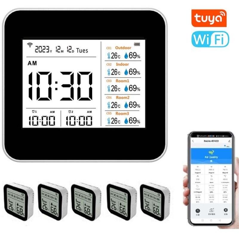 Tuya 13-in-1 Smart WiFi Thermometer Hygrometer, präziser Temperatur- und Feuchtigkeitsmonitor für Innenräume, Anzeige von Uhrzeit, Kalender und