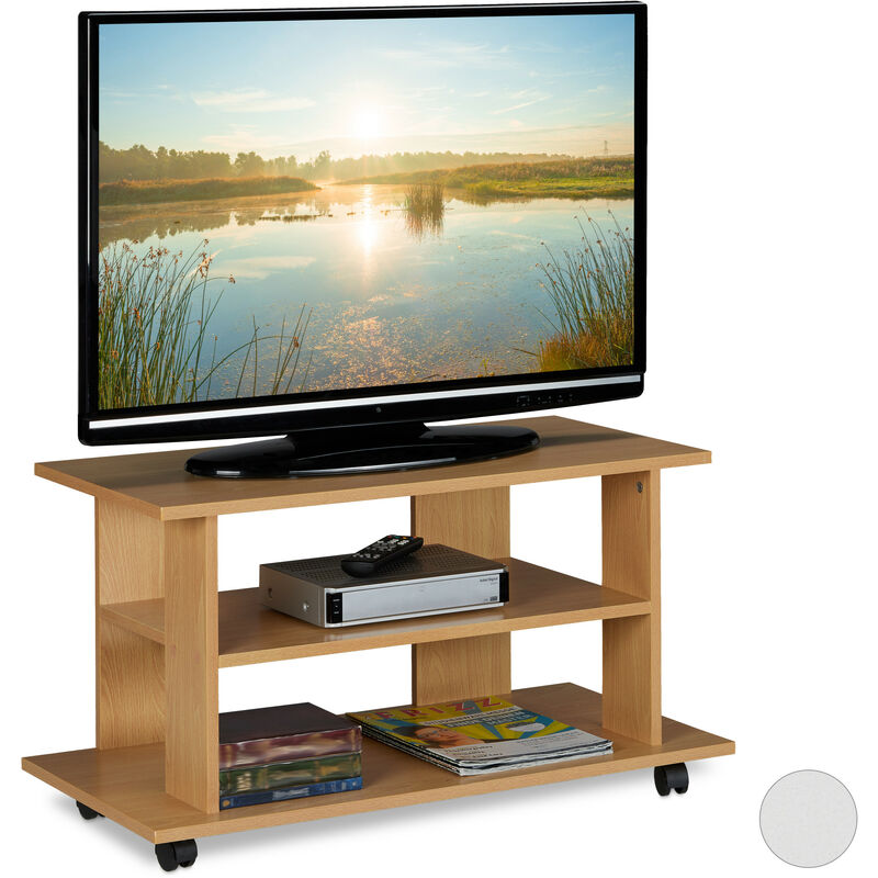Relaxdays - tv Board mit Rollen, 2 Fächer f. Fernseher, Konsole & Receiver, fahrbarer Fernsehtisch, hbt 45x80x40 cm, natur