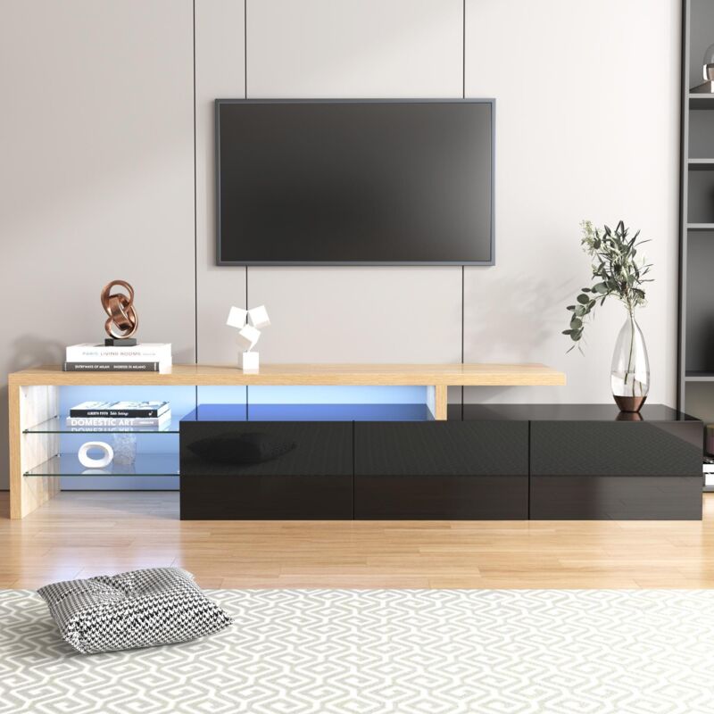 TV-Möbel 197 cm, mit LED-Beleuchtung, 3 türen, 2 Glasregalen, Lowboard im rustikal Stil, Wohnzimmer TV-Schrank aus Holz - Schwarz